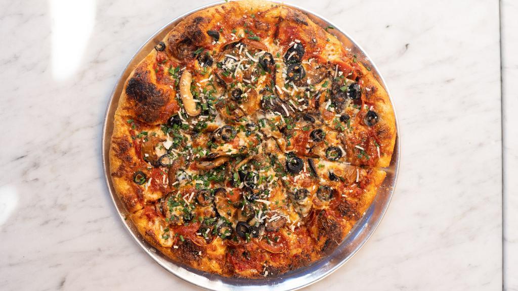 The Classic Pizza · Red sauce, pepperoni, black olive, mushroom, three cheese blend.