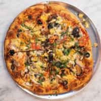 Vegetarian Pizza · Red sauce, mixed mushroom medley, roasted mixed bell peppers & red onion, topped with black ...