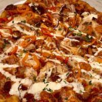 Chicken, Bacon, Ranch Pie · Red Sauce, bell peppers, red onion, grilled chicken, bacon, drizzled ranch on top
