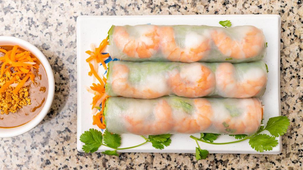 A3. Gỏi Cuốn / Fresh Spring Roll · 3 Rolls - Vermicelli noodles with shrimp and pork, lettuce and cilantro wrapped in rice paper. Comes with peanut sauce
