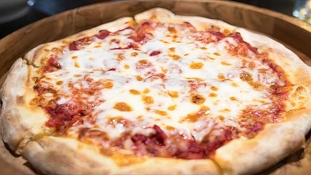 Cheese Pizza · Red marinara sauce and mozzarella cheese.