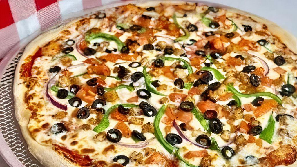 Premium Shrimp Pizza · Sauteed shrimps onions green peppers olives and tomatoes.