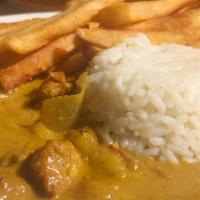 Chicken Curry n Chips · Lightly spiced white wine curry with chicken and mango chutney. Served with fries. rice, veg...