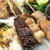 B Bento · Set of 3 combination skewers (chicken thigh, pork belly & beef short rib), one choice of ric...