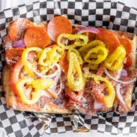 2. All City · Salami, pepperoni, tomato, red onion, mixed greens, mozzarella, peppers, house dressing, par...