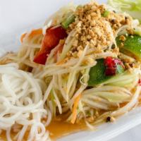 16. Papaya Salad - Thai or Laos Style · Thai style comes lime vinaigrette, pepper, long bean, and tomato with peanuts. Lao style com...