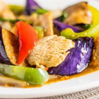 47. Pad Mah Kuer · A pan tried eggplant dish with basil, garlic, onions and bell peppers with a choice of meat.