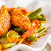 50. Pad Ped Pla Dook · Battered catfish & spicy red curry.