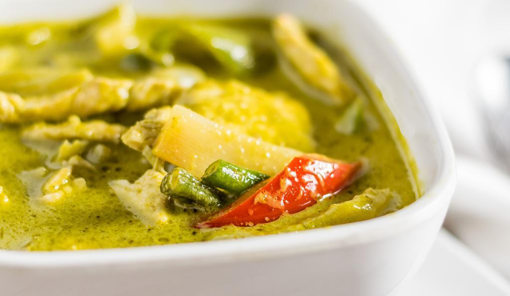 69. Green Curry-Gang Klew Wan · Spinach based green curry with eggplant, bell pepper, long beans, onions, and basil with a choice of meat.