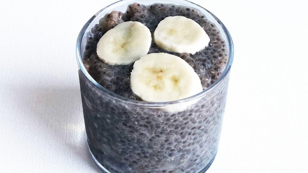 Banana Chia Pudding · Chia seeds soaked overnight in oat milk and sweetened with raw cane sugar. (Gluten-free, vegan)