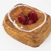 Strawberry Danish Pastry · A Crisp Layered Traditional Danish with Vanilla Custard & Fresh Strawberries.