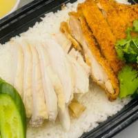 Mixed Chicken (Steamed and Fried) Rice · Chicken flavored jasmine rice topped with steamed chicken and fried chicken thigh, broccoli ...