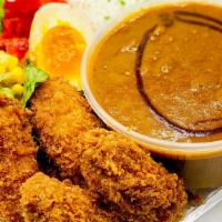 Oyster Curry · Japanese Curry (beef & pork) Rice with Fried Oyster, Salad and soft boiled egg.
