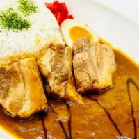 Kakuni (Braised Pork Belly) Curry · Japanese curry rice with kakuni (braised pork belly), half of soft boiled egg & salad