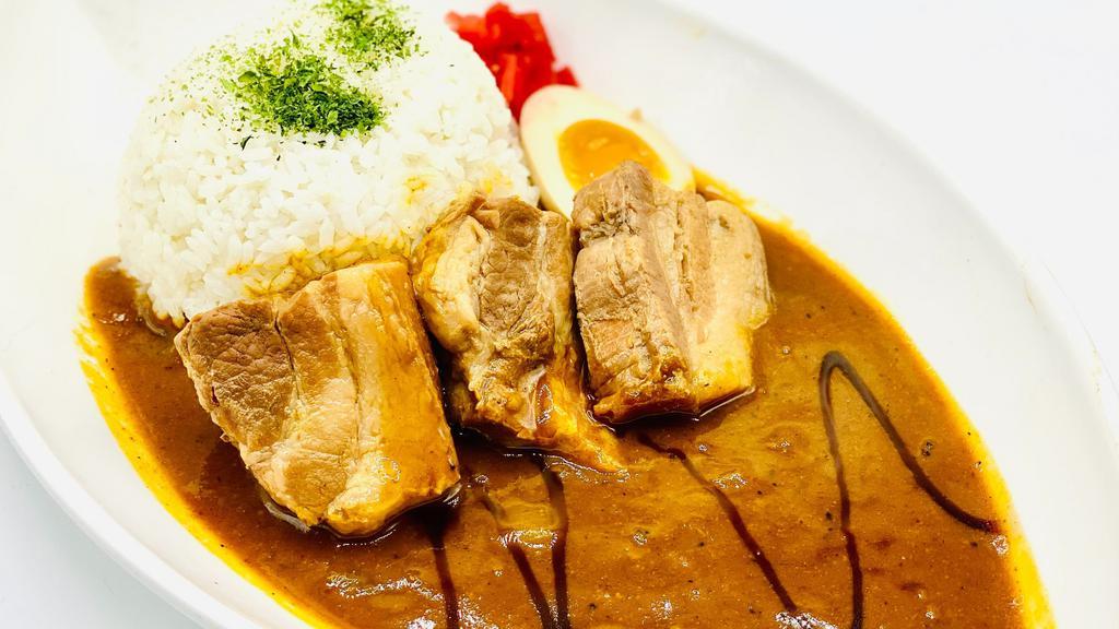 Kakuni (Braised Pork Belly) Curry · Japanese curry rice with kakuni (braised pork belly), half of soft boiled egg & salad