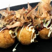 Takoyaki (6 pcs) · 6 pcs deep fried octpus filled balls, topped with takoyaki sauce and mayonnaise with bonito ...