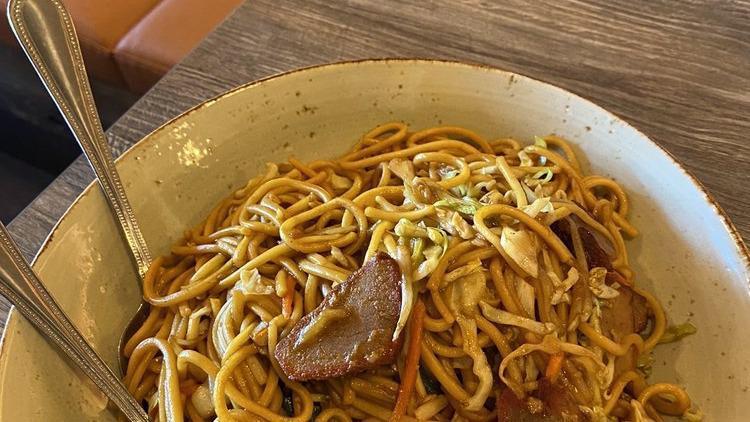 Beef Chow Mein · Soft noodles tossed with beef, bean sprouts, carrots, cabbage, white onion, and green onion.