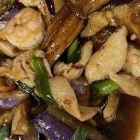 China Moon Eggplant · Spicy. Eggplant sautéed in a wok with shrimp and chicken in a spicy dark sauce.