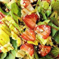 Fragola Insalata · Spinach, romaine, strawberries, pecans, feta cheese with balsamico dressing.