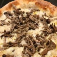 Mushrom Pizza · leek & taleggio fonduta, black truffle oil