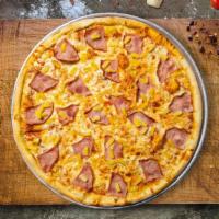 Hawaiin Haven Pizza · Grilled chicken breast, ham, juicy pineapple, and smoky bacon, with six naturally aged Calif...