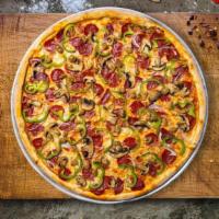 Garlickin' Good Chicken Pizza · Grilled chicken breast, mushrooms, fresh California tomatoes, red and green onions and sprin...