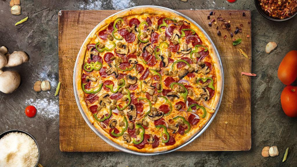 Garlickin' Good Chicken Pizza · Grilled chicken breast, mushrooms, fresh California tomatoes, red and green onions and sprinkled with minced garlic, and six naturally aged California cheeses on top of a flavorful white garlic sauce baked on a hand-tossed dough.