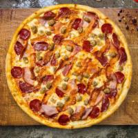 Meet Or Meat Pizza · Ham, salami, pepperoni, ground beef, sausage and linguica with six naturally aged California...