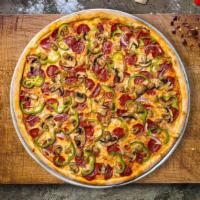 Workaholic Pizza · Salami, ham, sausage, pepperoni, linguica, ground beef, mushrooms, California black olives a...