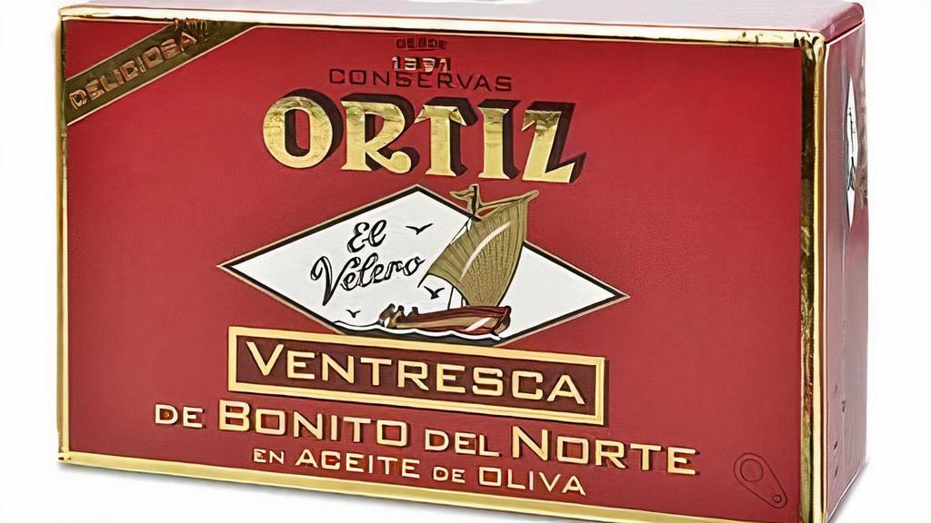 white tuna belly fillets · 110g tin. Ortiz ventresca de bonito del Norte and packed in olive oil.