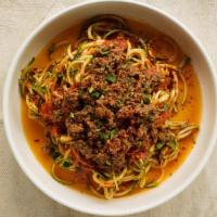 Ground Beef Marinara Zoodle · Zucchini spaghetti with homemade tomato sauce, ground beef and Parmesan. Gluten free.