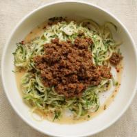 Ground Beef Alfredo Zoodle · Zucchini spaghetti with homemade alfredo sauce, ground beef and Parmesan. Gluten free.