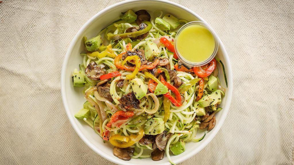 Vegan Zoodle Salad · Zucchini spaghetti, mushroom, bell peppers, avocado with lemon mustard dressing. Gluten free. Vegan.