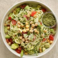 Vegetarian Zoodle Salad · Zucchini spaghetti, garbanzo beans, avocado, tomato, Parmesan with pesto sauce. Gluten free,...