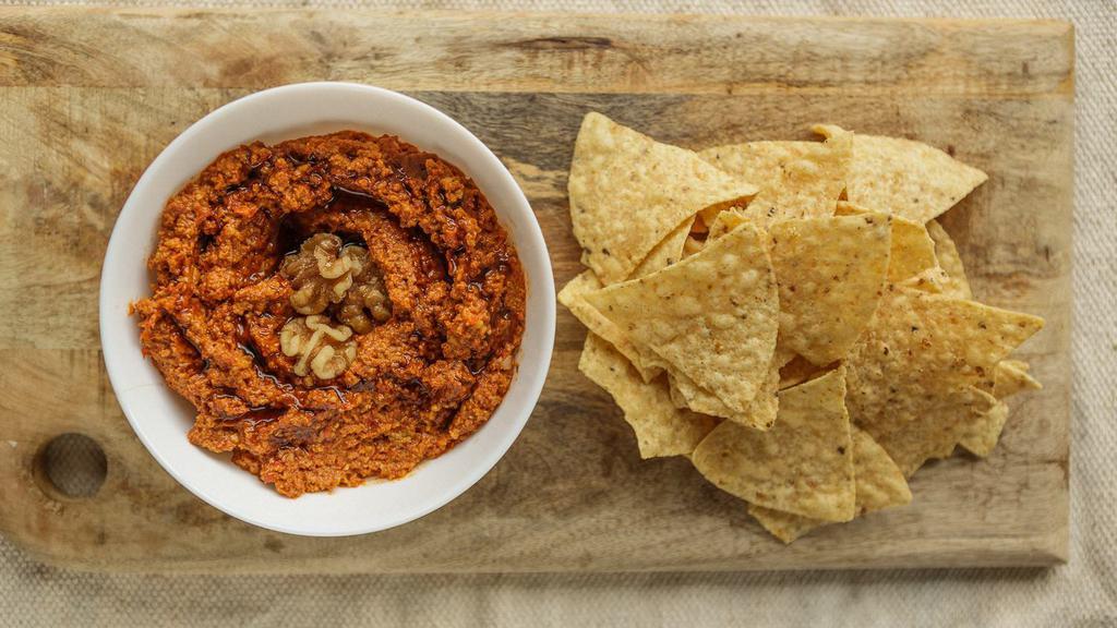 Red Pepper Dip · it comes with corn chips. Vegan.