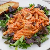 29. Firenze · Pasta tossed with grilled prawns, spring mix, sun-dried tomato aioli, red onions, mushrooms,...