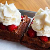 Love Letter · Gluten free. Chocolate mochi waffle, Nutella, raspberries and whipped cream.