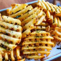 Root (Furikake Waffle Fries) · Gluten free. Waffle cut fries, topped with furikake seaweed seasoning.