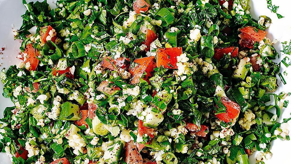 QUINOA TABOULI SALAD LARGE TRAY · QUINOA, PARSLEY, ONION, CUCUMBER, TOMATOES, MINT, AND OLIVE OIL DRESSING