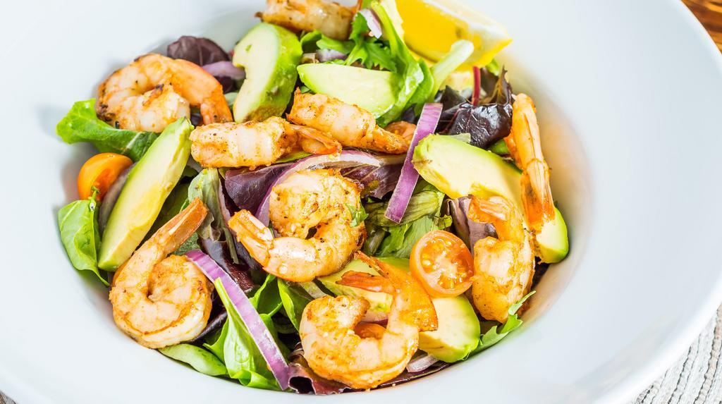 Grilled Shrimp Salad · Grilled shrimp, organic mixed greens, avocado, lime, red onion, tomato, yuzu-lemon dressing.