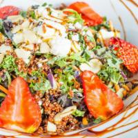 Kale & Quinoa Salad · Kale, organic quinoa, feta cheese, dried carnberry, sliced almond, seasonal fruit.