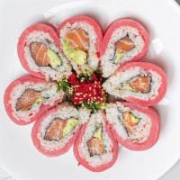 Cherry Blossom Roll · Salmon and avocado inside with tuna on top.