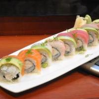 Rainbow Roll · Mixed raw fish on top of California roll.