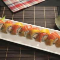 Mango Roll · Mango and crab meat inside with salmon and mango on top.