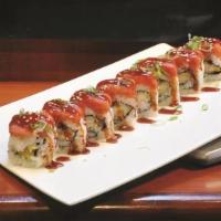 Crazy Roll · Shrimp tempura inside topped with spicy tuna and special sauce.
