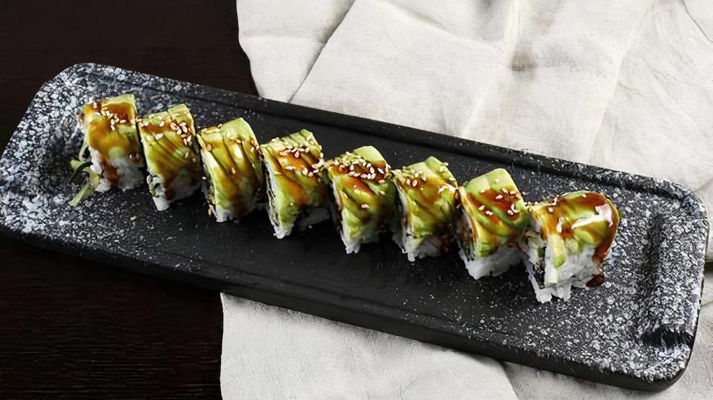 Caterpillar Roll · Eel and cucumber wrapped in avocado.