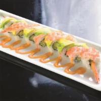 Shrimp Lover Roll · Shrimp tempura inside with ebi and avocado on top.