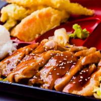 Chicken Teriyaki Bento Dinner · Served with a roll of choice, steamed rice, miso soup ,house salad and Shrimp/Vegetable temp...
