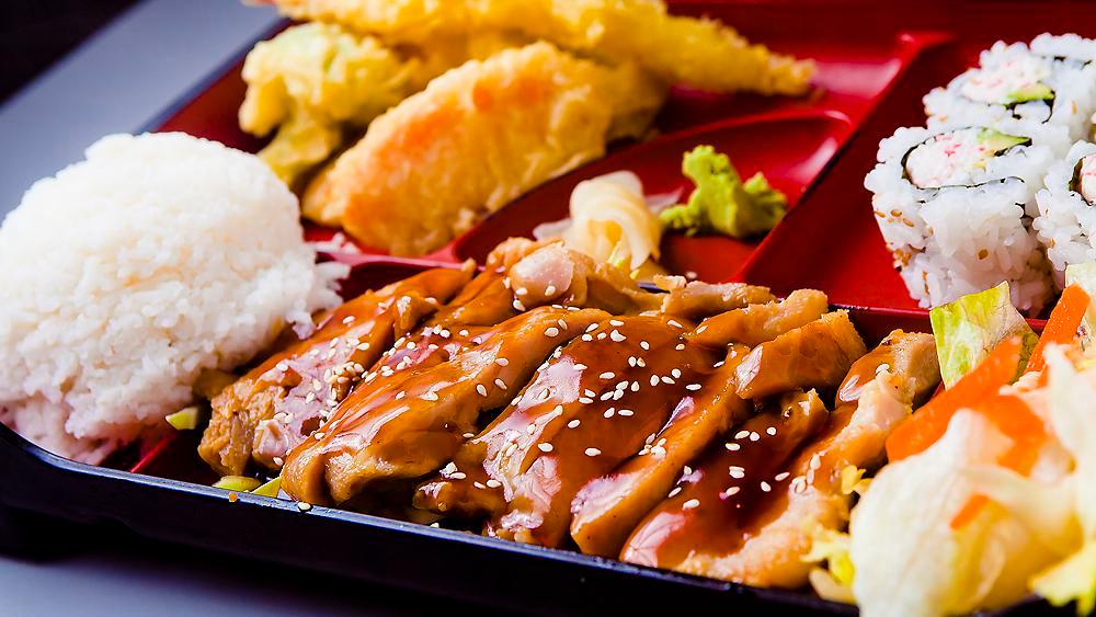 Chicken Teriyaki Bento Dinner · Served with a roll of choice, steamed rice, miso soup ,house salad and Shrimp/Vegetable tempura.