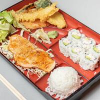 Salmon Teriyaki Bento Dinner · Served with a roll of choice, steamed rice, miso soup ,house salad and Shrimp/Vegetable temp...